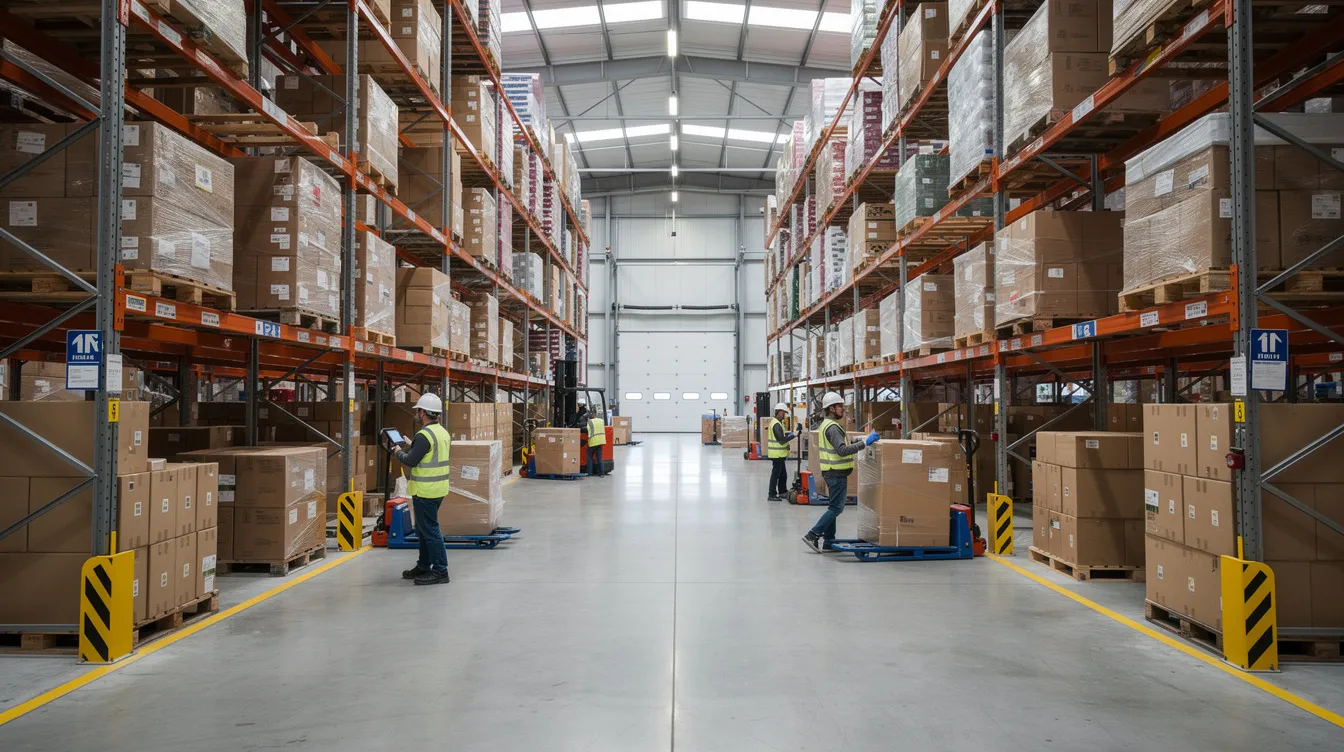 The image depicts the interior of a spacious modern warehouse featuring tall ceilings and multiple levels of steel racking systems. Workers are efficiently moving pallets on the ground floor, highlighting the warehouse's effective use of pallet racking and high-density storage solutions.