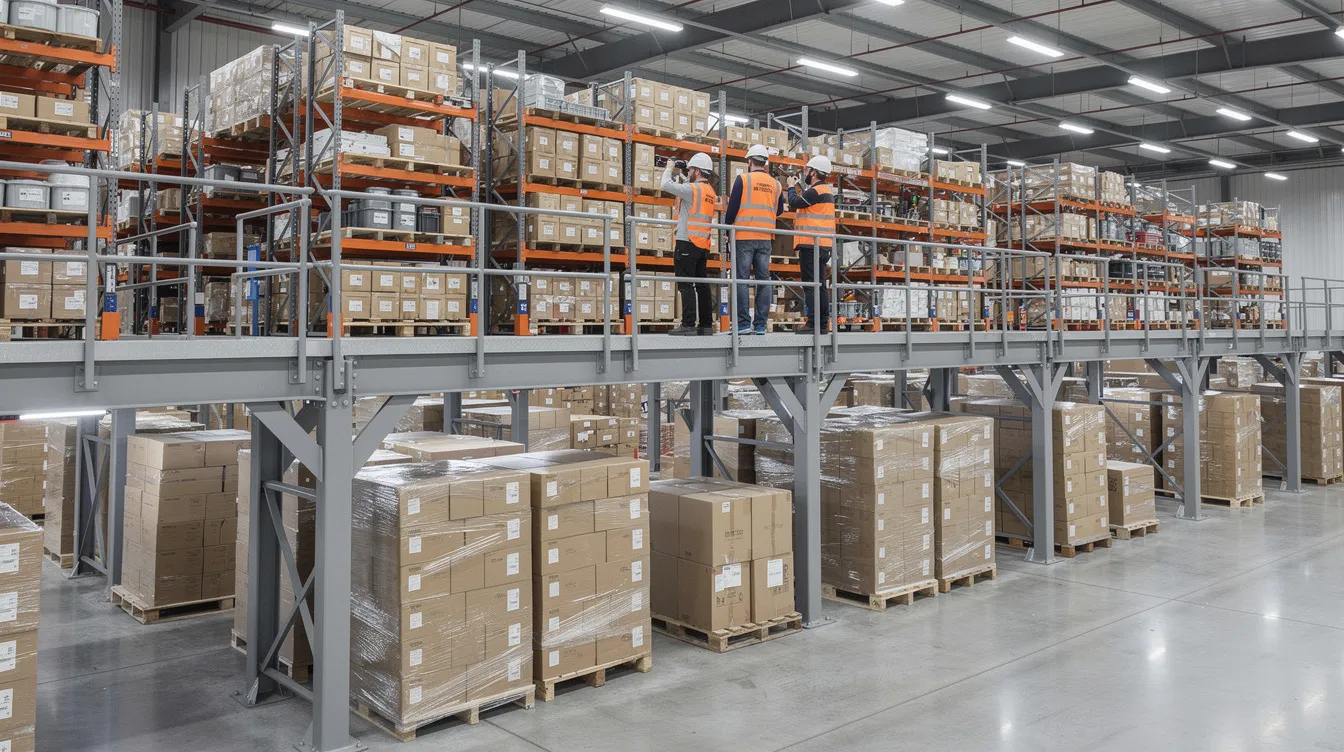The image depicts workers on an elevated steel mezzanine platform inside a warehouse, surrounded by pallet racking systems below and shelving units on the upper level, illustrating efficient use of vertical storage to maximize warehouse space. The scene highlights the operational efficiency and organization of a modern industrial facility.